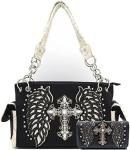WESTERN STYLE RHINESTONE CROSS STUDDED LASER CUT WINGS TOOLED LEATHER PURSE