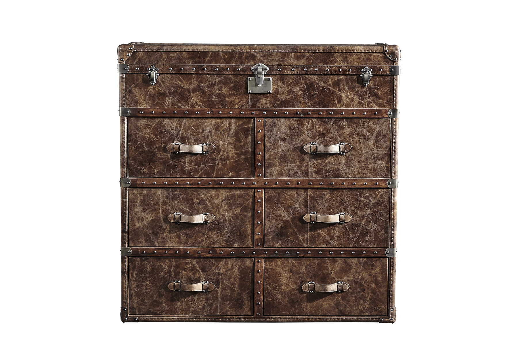 6 Drawers Leather Storage Trunk Brown Color 1M Height Copper Nails For Decoration