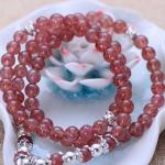 Women 6mm Strawberry Quartz Beads 3 Rows Strand Bracelet with Silver Charm