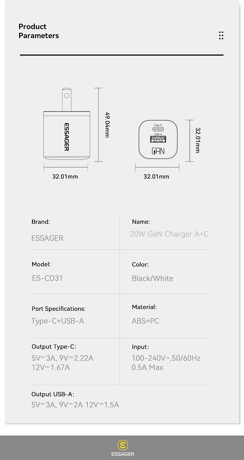 PD3.0 QC3.0 GaN Chargers USB A Type C USB C Phone Charger 20W ES-CD31 Series