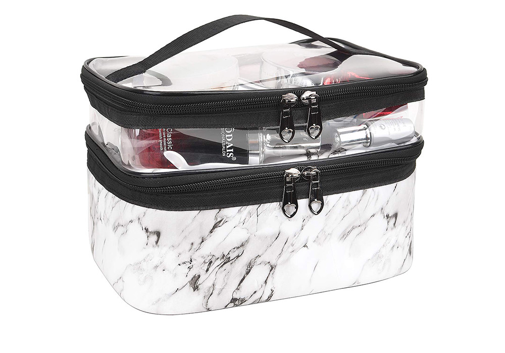 Double Layer Marble PU Travel Makeup Organizer Bag