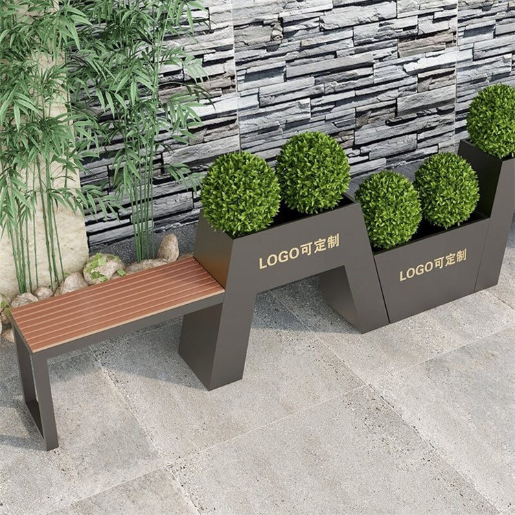 Outdoor large public chair with metal black planter pot