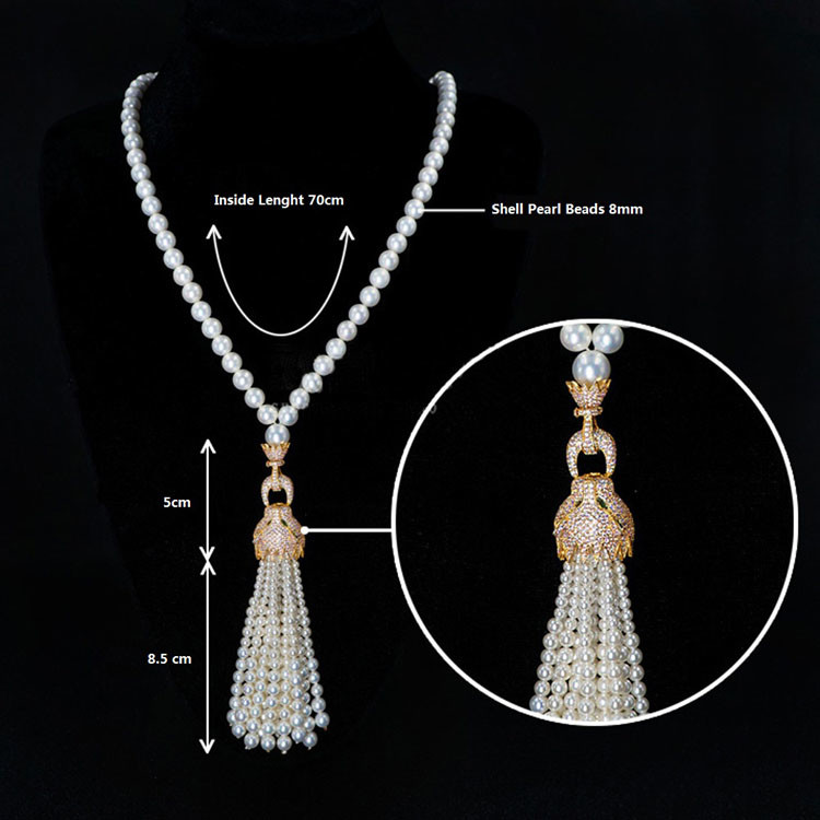 Round Shell Pearl Necklace with Cubic Zirconia Tassel Charm Gold Plated (SN702142)