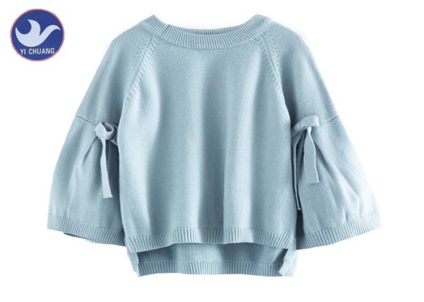 Buy cheap Big Sleeves Loose Knit Girls Pullover Sweaters Butterfly Knot Light Blue Color from wholesalers