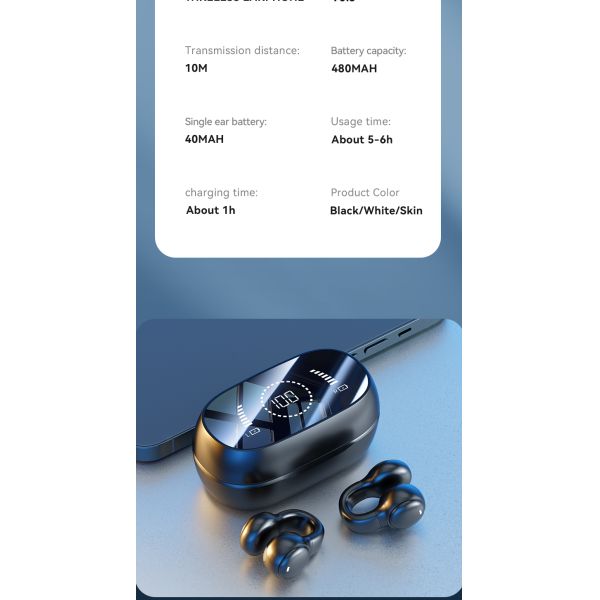 HiFi Stereo Bone Conduction True Wireless Earphone with 20cm Charging Cable and Mic