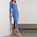 Knitwear Blue Rib Elegant Casual MIDI Plus Size Women′s Dresses Sexy Sweater