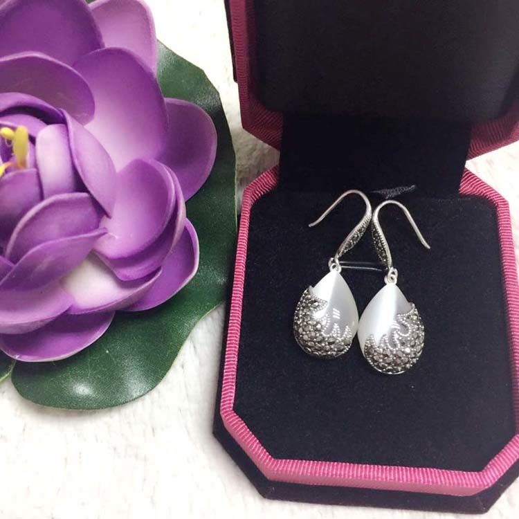 Vintage Sterling Silver with Opal Marcasite Dangle Drop Earrings(E12033WHITE)