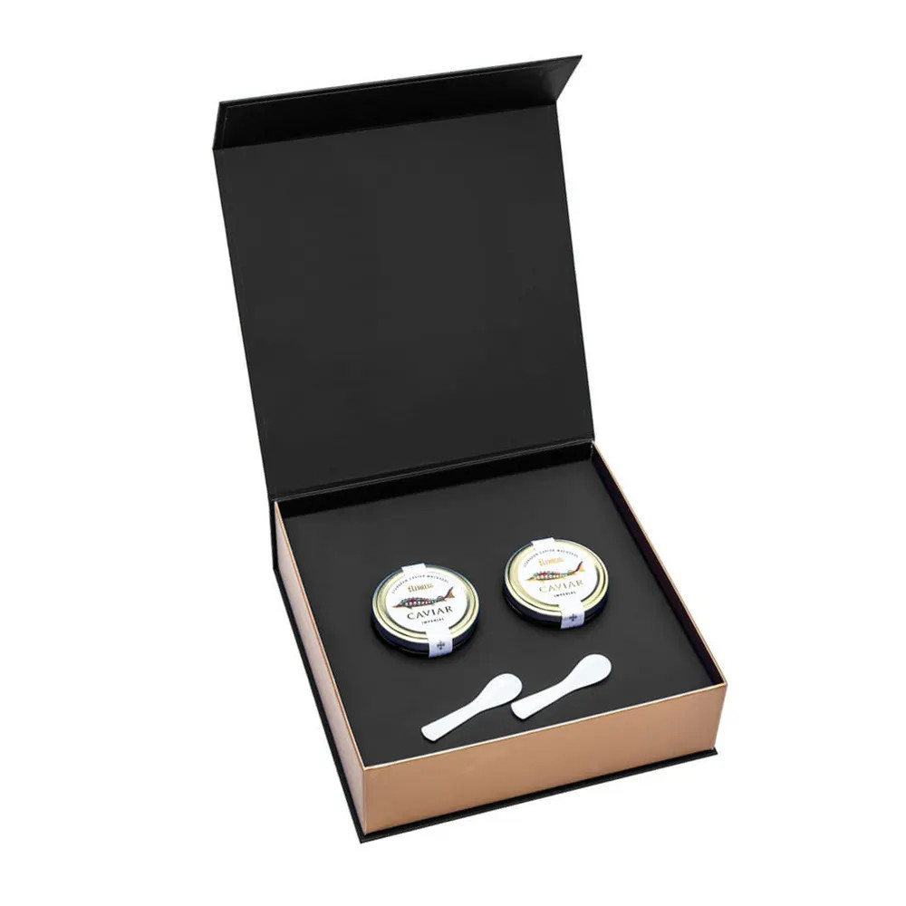 Luxury Fancy Black Magnetic Rigid Paper Packaging Caviar Gift Box With Custom Printing
