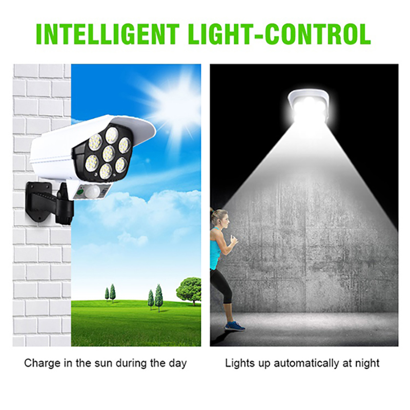 Solar Light Motion Sensor Security Dummy Camera Wireless Outdoor Flood Light IP65 Waterproof 77 LED Lamp 3 Mode for Home Garden