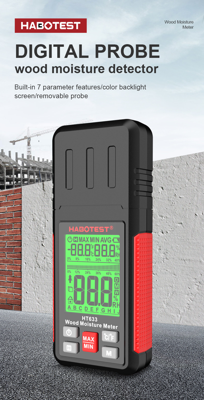HT633 Wood Moisture Meter Pin Type Digital Moisture Detector Ambient Temperature Humidity with LCD Backlight Display