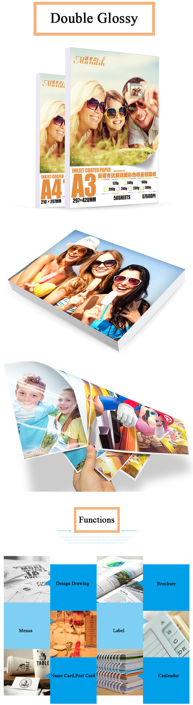 A4 A3 140g Inkjet Printer Double Side Glossy Photo Paper
