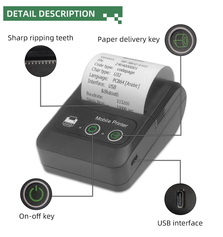 58mm Wireless Usb Thermal Receipt Printer for Printing Speed 50-80mm/s USB Interface