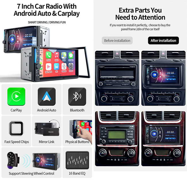 Bluetooth V4.0 Mp5 Carplay 2 Din Head Unit Android Screen Radio 7 Inch