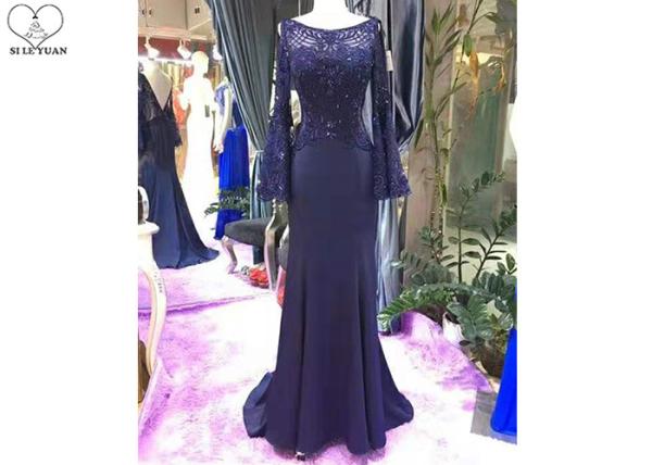 Buy cheap Top Backless Navy Blue Mermaid Dress / Sweep Train Prom Dress Long Horn Sleeve from wholesalers