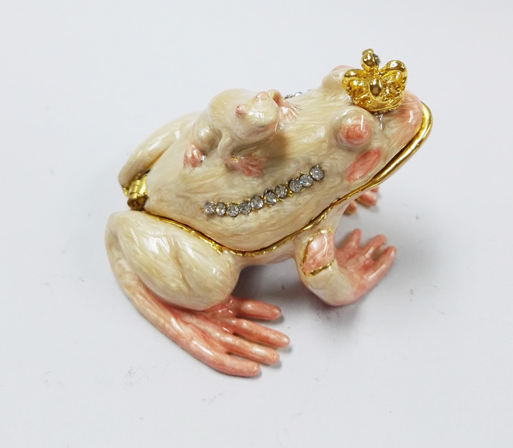 Bejewelled Promotional Gift Alloy Hand painted frog and crab playing on lotus meta frog trinket boxes
