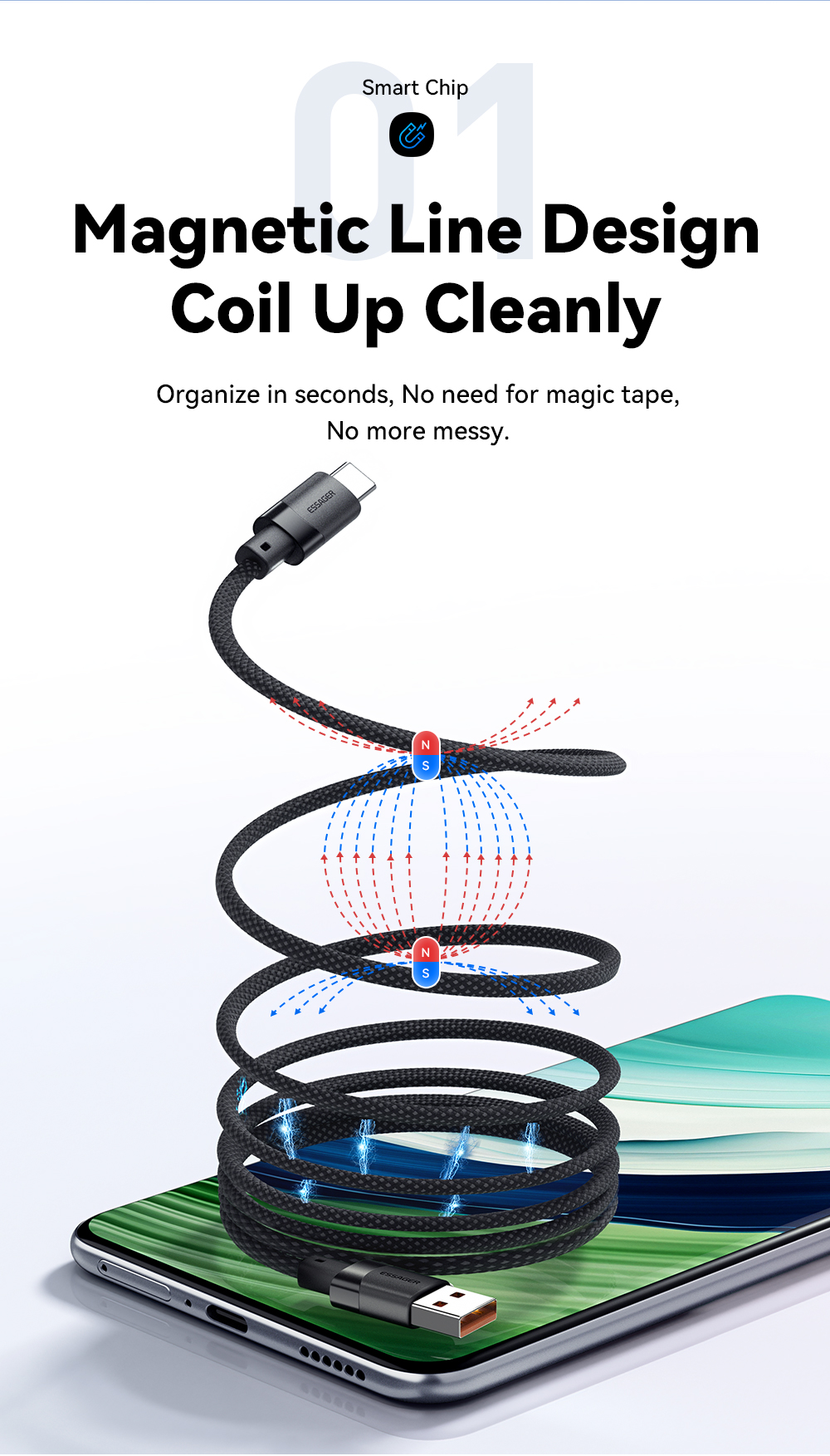 TPE USB A To USB C Magnetic Data Cable 100W 1m ESSAGER ES-X53 Series
