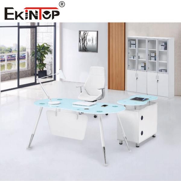 Buy cheap White Blue L Shape CEO Office Glass Desk With Cabinet Smooth Surface from wholesalers