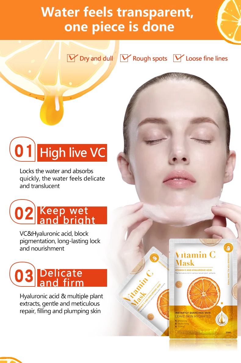Popular Vitamin C Mask Cosmetics Factory Manufacturer Whitening Facial Mask Hydrating Natural Organic Vc Face Facial Sheet Mask