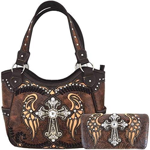 Buy cheap WESTERN STYLE RHINESTONE CROSS STUDDED LASER CUT WINGS TOOLED LEATHER PURSE WOMEN HANDBAGS COUNTRY SHOULDER BAG WALLET S from wholesalers