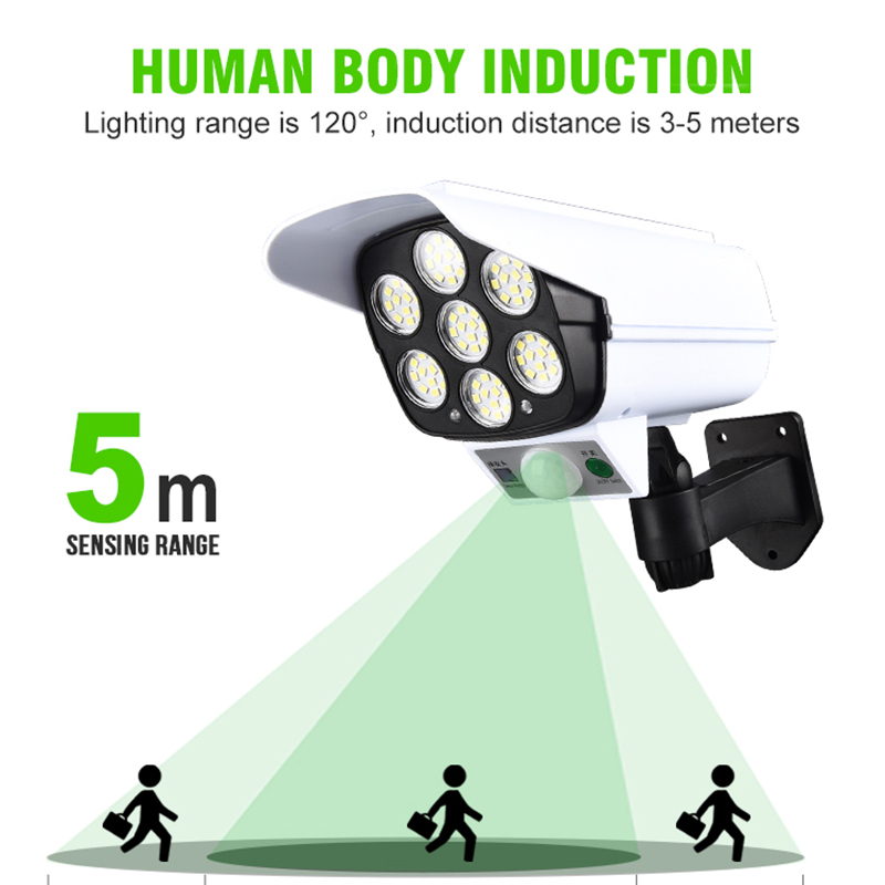 Solar Light Motion Sensor Security Dummy Camera Wireless Outdoor Flood Light IP65 Waterproof 77 LED Lamp 3 Mode for Home Garden