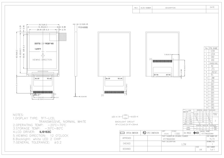 128X160 1.77" TFT LCD Display Module with High Contrast Ratio and 4 wire Spi Interface