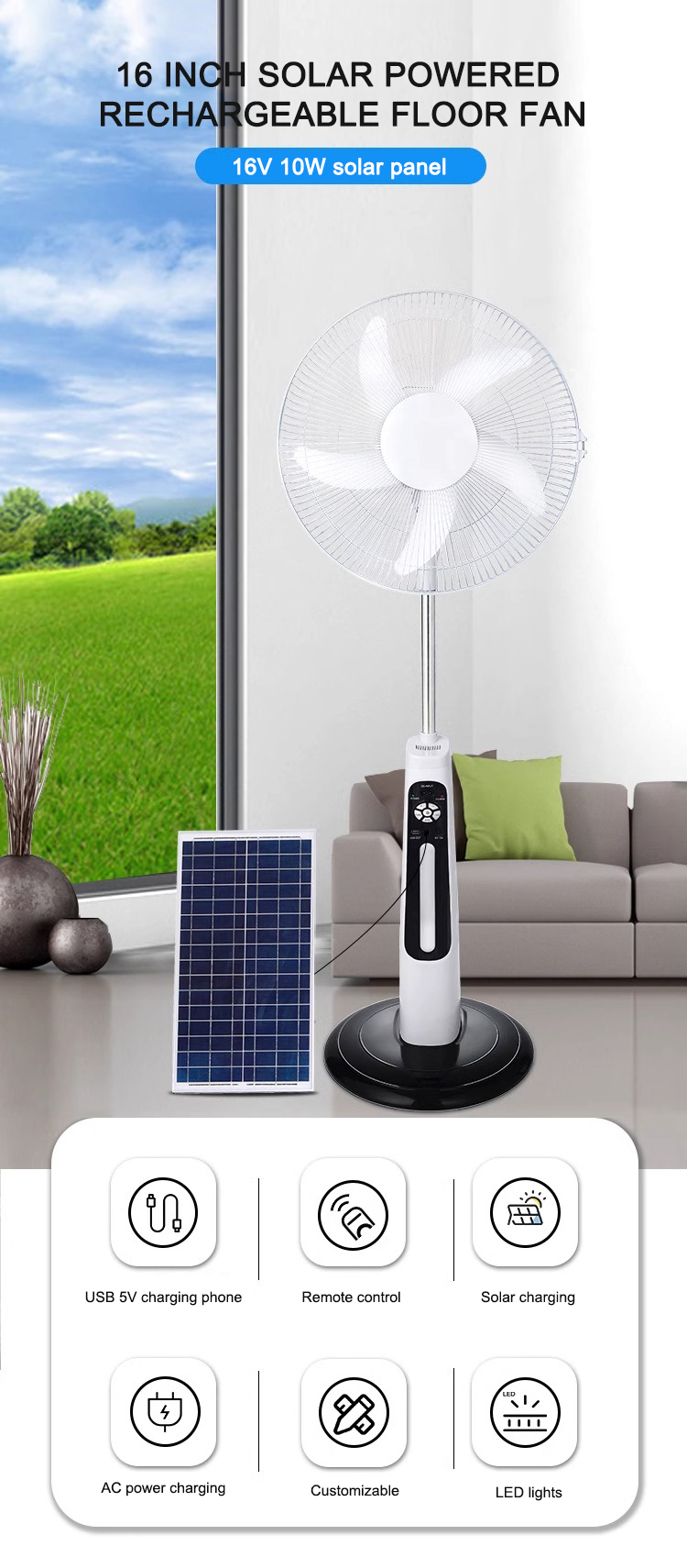 16/18 Inches AC DC 12V Charging 5 Blade Rechargeable Solar Stand Fan with Panel and Battery Solar Fan