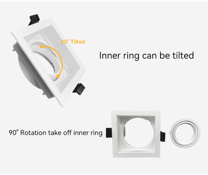 Aluminum Square Recessed Spotlight 90° Rotation 20° Tilt Deep Anti-Glare For Commercial Lighting