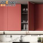 Modern Stylish Pink Kitchen Cabinets with ENF Panel and Small Island Table