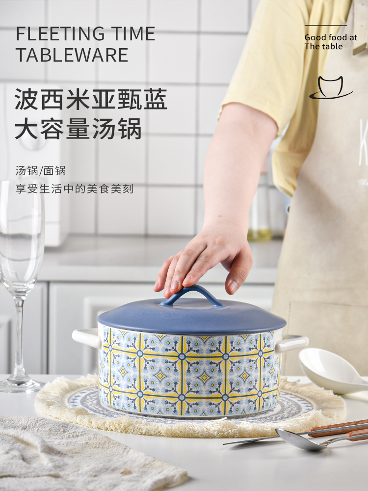 Porcelain Bohemia Double Grips Noodle Salad Bowl With Licharmserware Soup Noodle Bowl Set Ceramic Soup Pot Customized CL