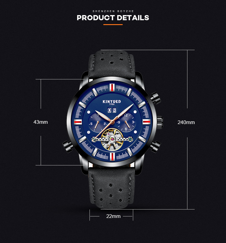 KINYUED J019-5 Tourbillon automatic mechanical genuine leather business waterproof fashion sport men watches
