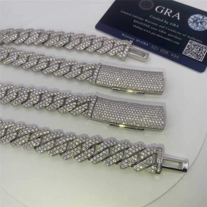 Hip Hop Miami Cuban Link Chain 15mm VVS Moissanite Sterling Silve Cuban Link Necklace