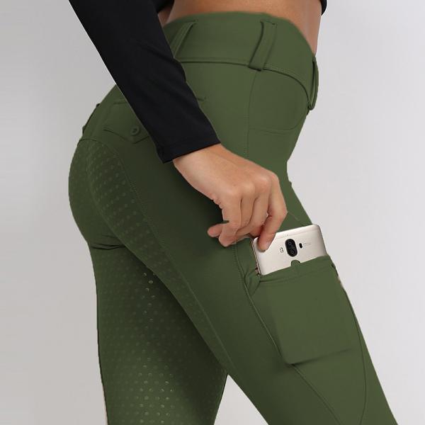 Green Printed Horse Riding Pants Nylon Full Seat Silicone Leggings With Phone