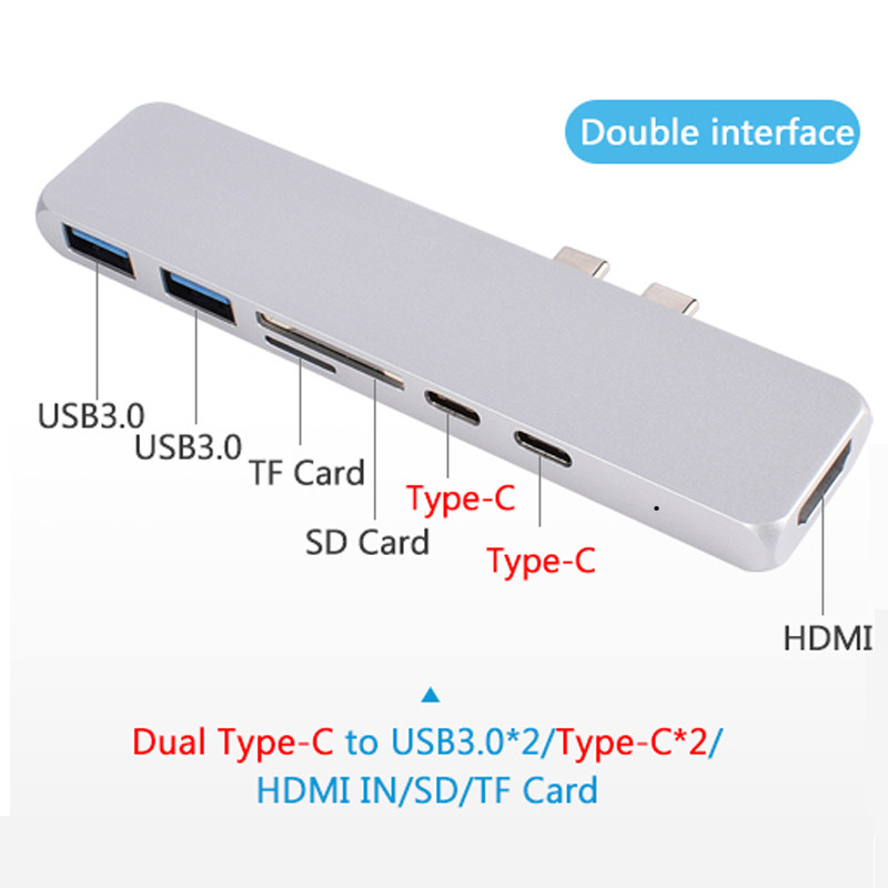 Multifunction aluminium thunderbolt 3 dual usb c to 7 in 1 combo type c interface usb-c hub for Apple
