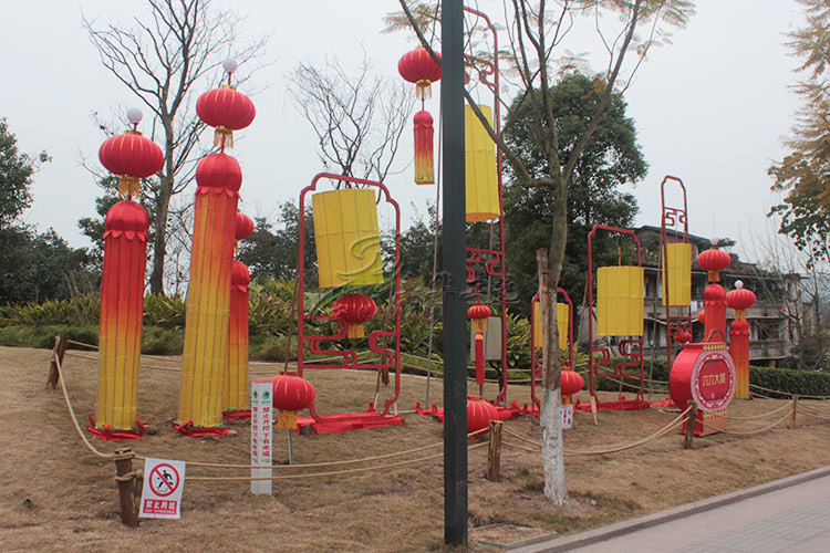 Red Decorated Special Lamp Post Lantern Display On Chinese Street