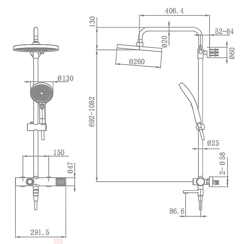 3 Function Hand Shower Mixer Set H 822-1212mm Handheld Chrome Brass