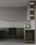 L Shaped White And Green Kitchen Cabinets Modern PET Kitchen System Tailored