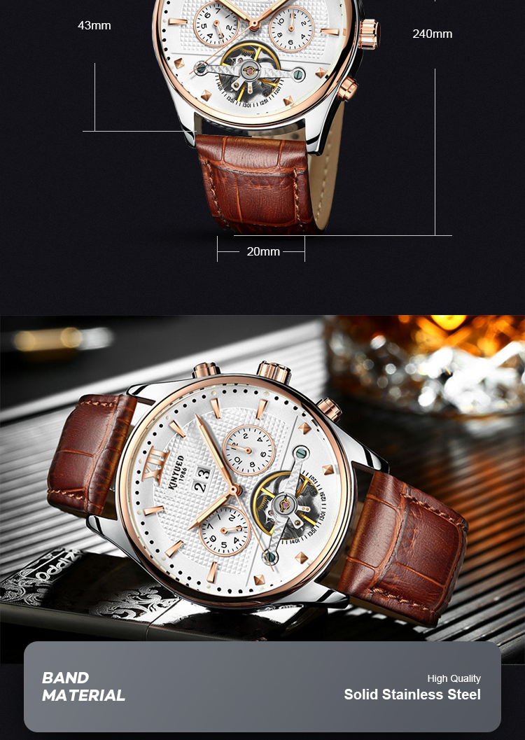 KINYUED Power Reserve Sport Custom Waterproof Watch Genuine Leather Strap For Watch Mechanical Wristwatch