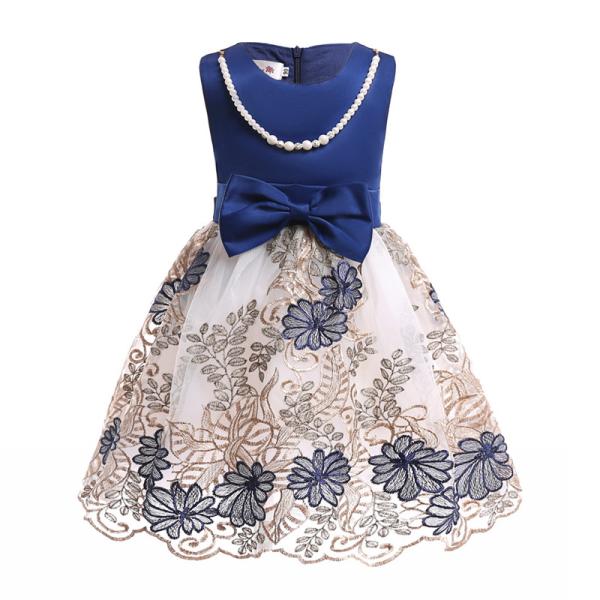 O-Neck Satin Girl Dress Embroidered Mesh Dress Dark Blue Pearl Necklace Dresses