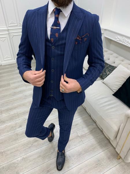 Buy cheap Mens Striped Sax Slim Fit Three Piece Tuxedo For Wedding from wholesalers