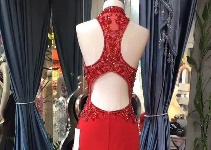 Luxury Red Mermaid Style Prom Dress Beading Hanging Neck Back Hollow Fishtail