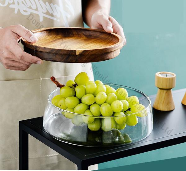 Creative Glass Bowl with Wood Plate Fruit Nut Dried Storage Boxes Container