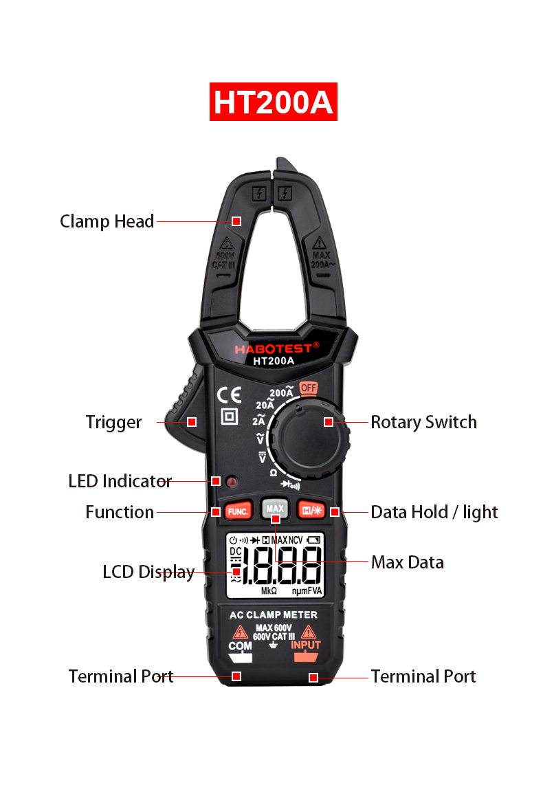600 Volt 200A 2000 Counts 20nF Digital Clamp Meters