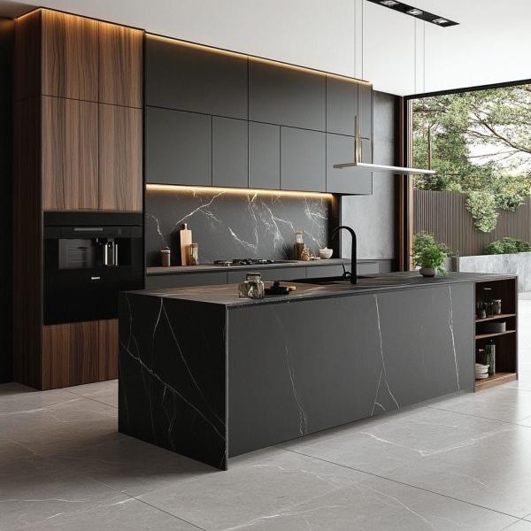 Buy cheap Modern Kitchen Cabinet With Island Sintered Stone Countertops Wood Grain Kitchen Cabinets Designs For Villa from wholesalers