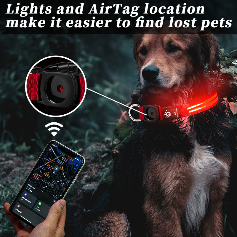 LED Dog Collar Waterproof Medium Large Dogs AirTag Holder Flash Light Up Customized Logo Design