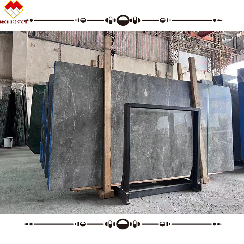 Grey Marble Stair Treads And Risers With Polished Finish For Interior Straight Stairs