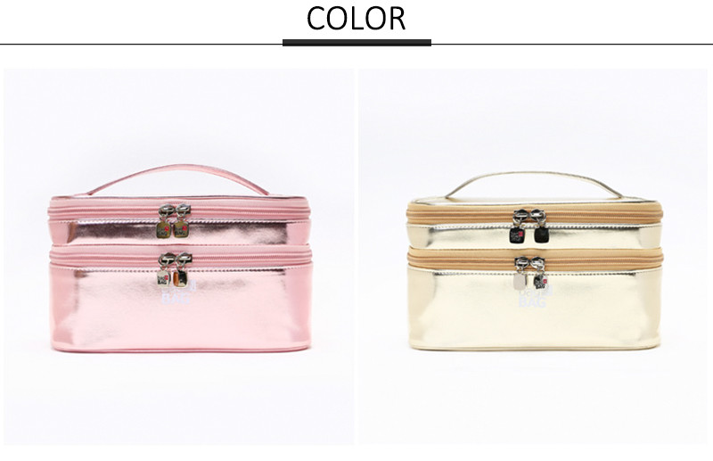 Multifunctional Shiny Rose Gold PU Double Layer Cosmetic Bag