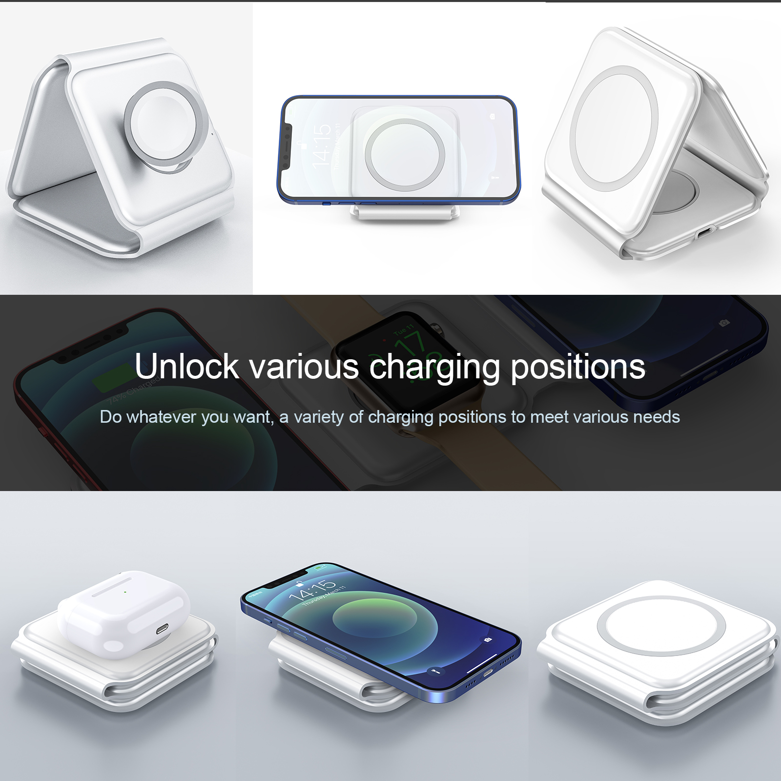 Foldable Magnetic Wireless Phone Charger Stand 3in1 15W For Watch And Earphone