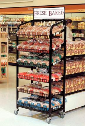 Buy cheap Food & bread 5 layer adjust black powder coat retail metal shelf metal display rack with wheels from wholesalers