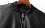 Ladies PU Leather Down Jacket , Zipper Short Warm Black Leather Bomber Jacket