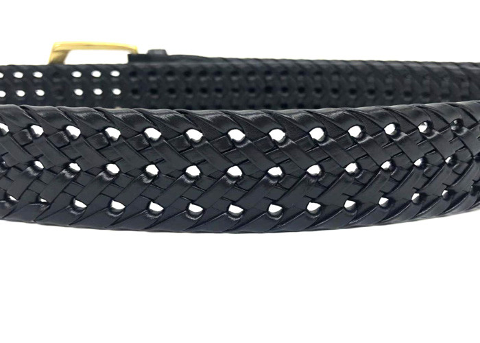 Black Color Mens Woven Leather Belt With Single Prong Buckle Zinc Alloy
